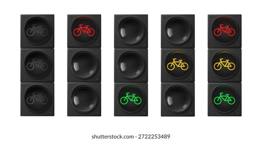 Semáforos de la bicicleta fijados aislados en blanco. Ilustración realista de Vector de señales de tráfico con iconos de bicicleta led rojo, amarillo y verde para ciclismo seguro, equipo de seguridad vial, semáforo de advertencia urbana