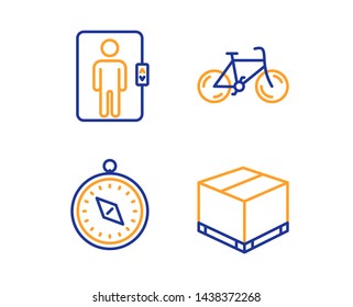 Bicycle, Travel compass and Elevator icons simple set. Delivery box sign. Bike, Trip destination, Office transportation. Cargo package. Transportation set. Linear bicycle icon. Colorful design set