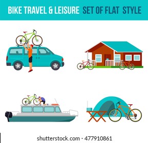 Bicycle travel and leisure. River boat, minivan, camping. Vector flat Illustration. Web graphics, banners, advertisements, brochures, business templates Isolated on a white background