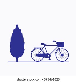 Bicycle and Tree Icon Sign.Flat Isolated Graphic Vector Silhouette Blue Color