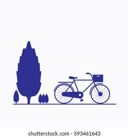 Bicycle and Tree Icon Sign.Flat Isolated Graphic Vector Silhouette Design Blue Color