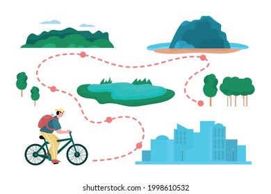 Bicycle trip concept with cyclist moving along his route, cartoon flat vector illustration isolated on white background. Summer cycling and tourist travel.