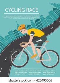 Bicycle trip or race poster or flyer with cyclist riding bike and city