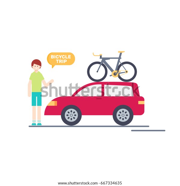Bicycle trip.\
Tourism design element on travel by car for riding on bicycle. Flat\
style vector\
illustration