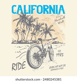 Bicycle tropical palm trees vintage typography t-shirt print. Long beach, summer vibes hand draw, summer slogan with beach illustration, Hawaii, Aloha bicycle, beach vector print