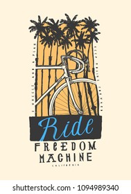 bicycle tropical palm-trees vintage typography t-shirt print - ride freedom machine