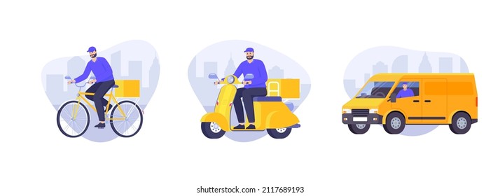 Bicycle, truck and scooter driver flat vector illustration. Delivery transport set isolated on white. Courier delivers parcel in the city. Collection of icons for website, banner, landing page