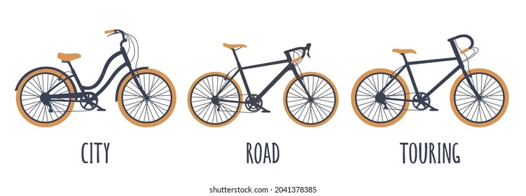 Symbol für Fahrradtyp eingestellt. Stadt, Straße, Tournee. Vektorgrafik, schwarz-orange, einzeln auf weißem Hintergrund mit Titel.