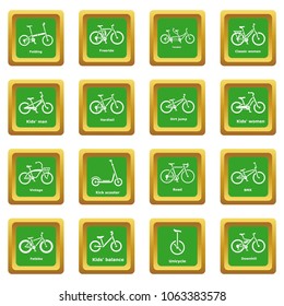 Bicycle types icons set vector green square isolated on white background 
