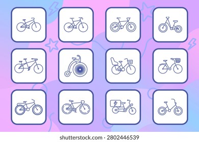 Bicycle types set icon. Linear icons with road, mountain, hybrid frame, tricycle, tandem, wheelchair, cargo bike, city, electric bike, compact bicycle variations.