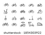 Bicycle types vector linear icons set. Outline symbols pack with editable stroke. Collection of simple 20 bicycle types icons isolated contour illustrations. bmx, touring, dirt, female bike.