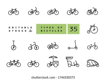 Bicycle Types Vector Linear Icons Set. Outline Symbols Pack With Editable Stroke. Collection Of Simple 16 Bicycle Types Icons Isolated Contour Illustrations. Bmx, Touring, Dirt, Female Bike.