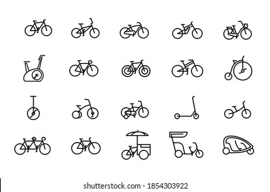 Bicycle types vector linear icons set  Outline symbols pack and editable stroke  Collection simple 20 bicycle types icons isolated contour illustrations  bmx  touring  dirt  female bike 