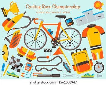 Bicycle uniform and sport accessories banner vector illustration. Bike activity, cycling accessory and sports equipment, competition races for landing pages.