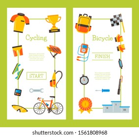 Bicycle uniform and sport accessories vector illustration. Bike activity, cycling equipment and sports accessory. Vertical banners or flyers templates