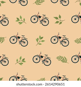 Bicycle and various shaped branches. Seamless pattern with botanical designs and eco-friendly transport. Green, grey and beige colors. Vector background for printing on fabric and paper, textile.