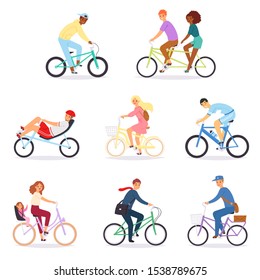 Bicycle vector bikers people character biking on cycle transport illustration set of man woman bicycling and bicyclist businessman cycling bike isolated on white background.