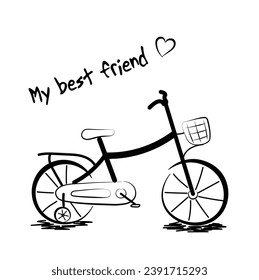 Bicycle vector in doodle style isolated on white background. Hand drawn vehicles illustration. Bike with training wheels. Kids' bike.