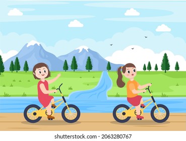 Bicycle Vector Flat Illustration. People Riding Bikes, Sports and outdoor recreational activities on Park Road or Highway are living a healthy lifestyle