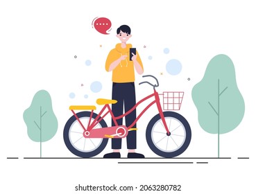 Bicycle Vector Flat Illustration. People Riding Bikes, Sports and outdoor recreational activities on Park Road or Highway are living a healthy lifestyle