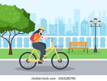 Bicycle Vector Flat Illustration. People Riding Bikes, Sports and outdoor recreational activities on Park Road or Highway are living a healthy lifestyle