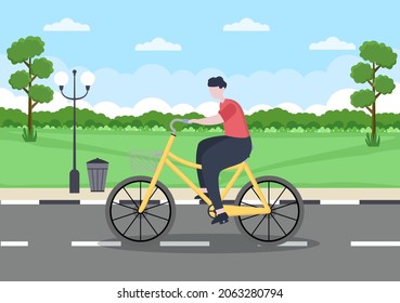 Ilustración plana de vectores de bicicleta. Las personas que viajan en bicicleta, deportes y actividades recreativas al aire libre en Park Road o Highway viven un estilo de vida saludable