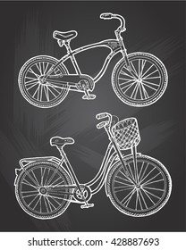 Bicycle Vector hand drawn vintage  set. Vintage bike isolated on chalkboard background. Hipster bike hand drawn vector illustration