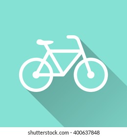 Bicycle   vector icon with long shadow. White illustration isolated on green background for graphic and web design.  