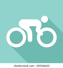 bicycle vector icon with long shadow. White illustration isolated on green background for graphic and web design.