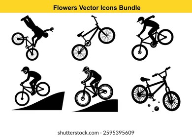 Bicycle Vector Icons Bundle Dynamic Cycling Stunts and Action Graphics.	
