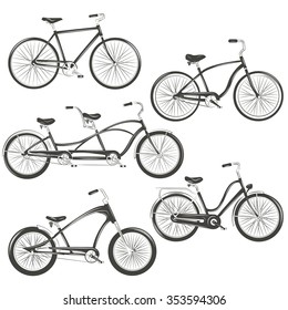 Bicycle Vector illustration. Set with four different bicycles: single, chopper, cruiser, tandem. T-shirt Graphics, Tattoo Designs