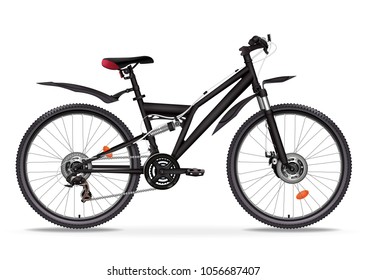 Bicycle Vector Realistic Illustration. Black Metallic Bike Half-face With Many Multiple Details Isolated On White Background, 3D Drawing