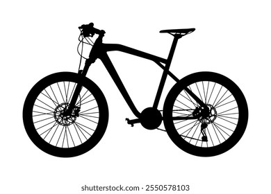 Ilustração da silhueta do vetor da bicicleta isolada no fundo branco. Símbolo de sombra de forma de bicicleta de esporte. 
Veículo urbano. Bicicleta elétrica para andar. Serviço de entrega na rua. Bicicleta de montanha fora de estrada.