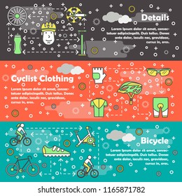 Bicycle vector web banner template set. Details, Cycling clothing, Bicycle concept thin line art flat style design elements.