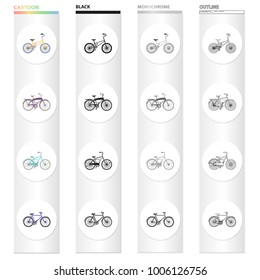 A bicycle, a vehicle for recreation and sports. Different kinds of bicycles set collection icons in cartoon black monochrome outline style vector symbol stock isometric illustration web.