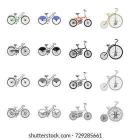 A bicycle, a vehicle for recreation and sports. Different kinds of bicycles set collection icons in cartoon black monochrome outline style vector symbol stock isometric illustration web.