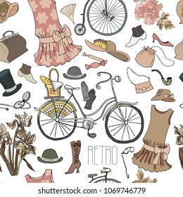 Bicycle and vintage accessories. Seamless pattern. Vector illustration.