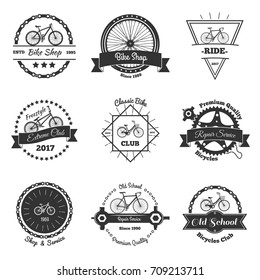 Bicycle vintage emblems set of isolated oldschool style bike club labels with decorative shapes and text vector illustration