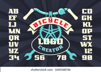 Bicycle vintage logo creator with parts and ribbon. Retro vector illustration