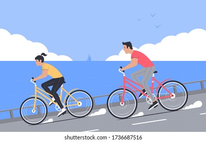Bicycle walk. Outdoor sports, tourism. Happy couple rides bicycles on the background of the sea and clouds on the horizon. Vector illustration