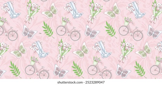 Bicycle watercolor seamless pattern. Pink bike. Pink tulips. Spring. Flowers. Provence. For printing on textiles, fabrics, wrapping paper, postcards, covers. For electronic media.