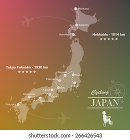 Bicycle way around Japan map in white transparency style lay over on art blur background. (EPS10 art vector separate part by part)