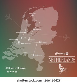 Bicycle way around Netherlands map in white transparency style lay over on art blur background. (EPS10 art vector separate part by part)