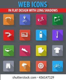 Bicycle web icons in flat design with long shadows