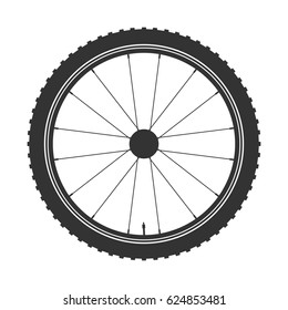 Bicycle wheel black symbol,vector. Bike rubber. Mountain tyre. Valve. Fitness cycle.MTB. Mountainbike.