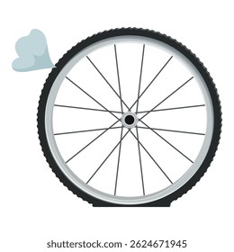 Roda de bicicleta com pneu plano está rapidamente perdendo ar, criando uma nuvem de fumaça, isolado no fundo branco