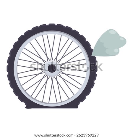 Bicycle wheel with flat tire is rapidly losing air, creating a smoke cloud, indicating urgent repair
