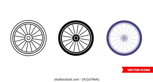 Bicycle wheel icon of 3 types: color, black and white, outline. Isolated vector sign symbol.