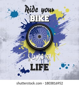 Bicycle wheel icon. Ride your bike. Sport is life. Pattern for design poster, logo, emblem, label, banner, icon.Bicycle template isolated on background. Grunge style. Vector illustration