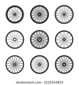 Iconos de la rueda de la bicicleta. Siluetas de rueda de bicicleta. Símbolos de rueda de bicicleta